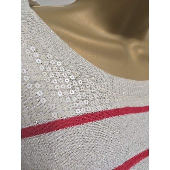 Y2K Princess Vera Wang Cream Red Sweater Womens XL  Stripe Sequin Holiday Bow - Picture 2 of 9